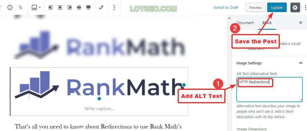 add alt text and save post in block editor - 如何在Rank Math SEO的測試中得到100分 添加替代文字並將文章保存在塊編輯器中