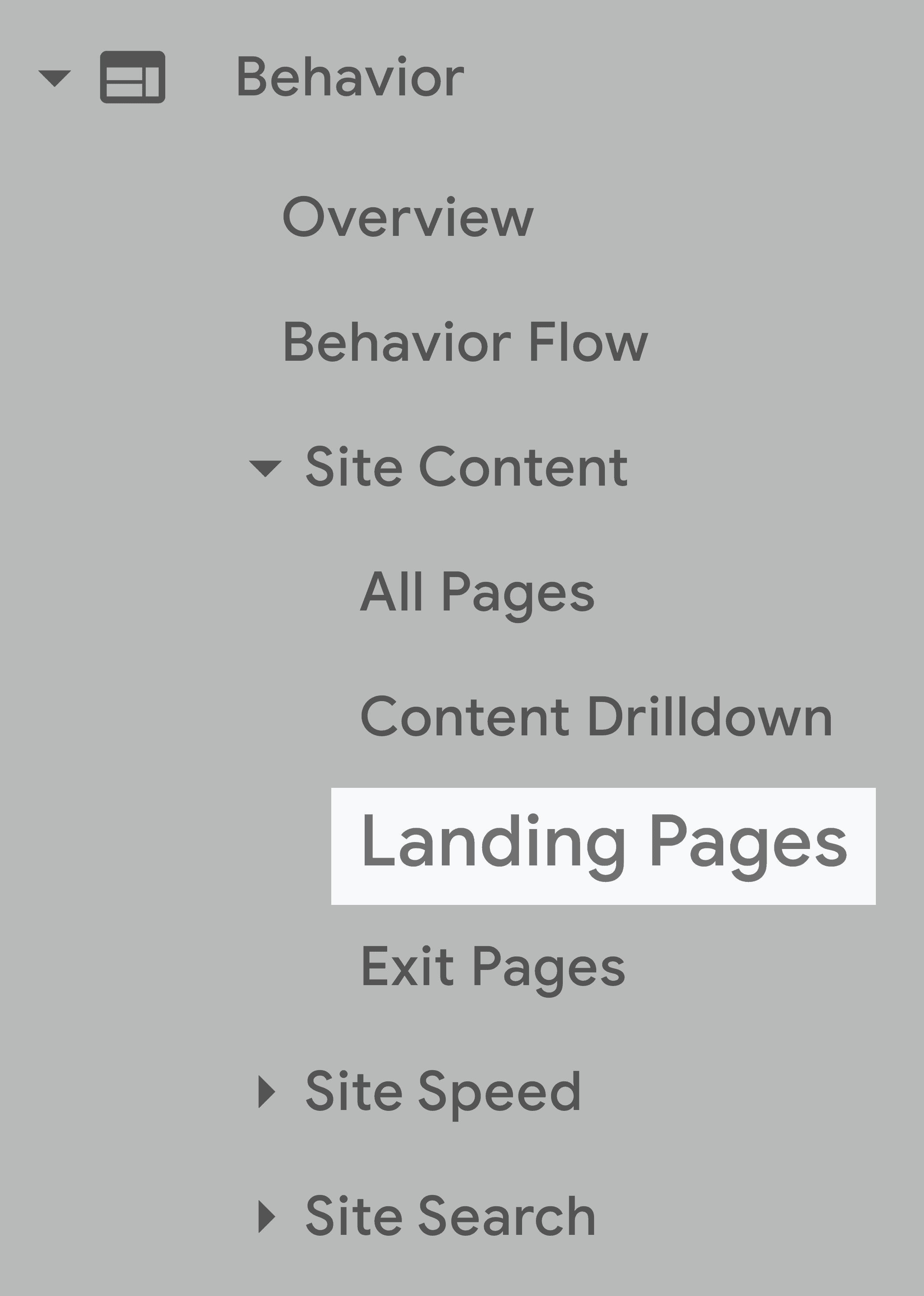 Google Analytics – Navigation bar – Landing pages