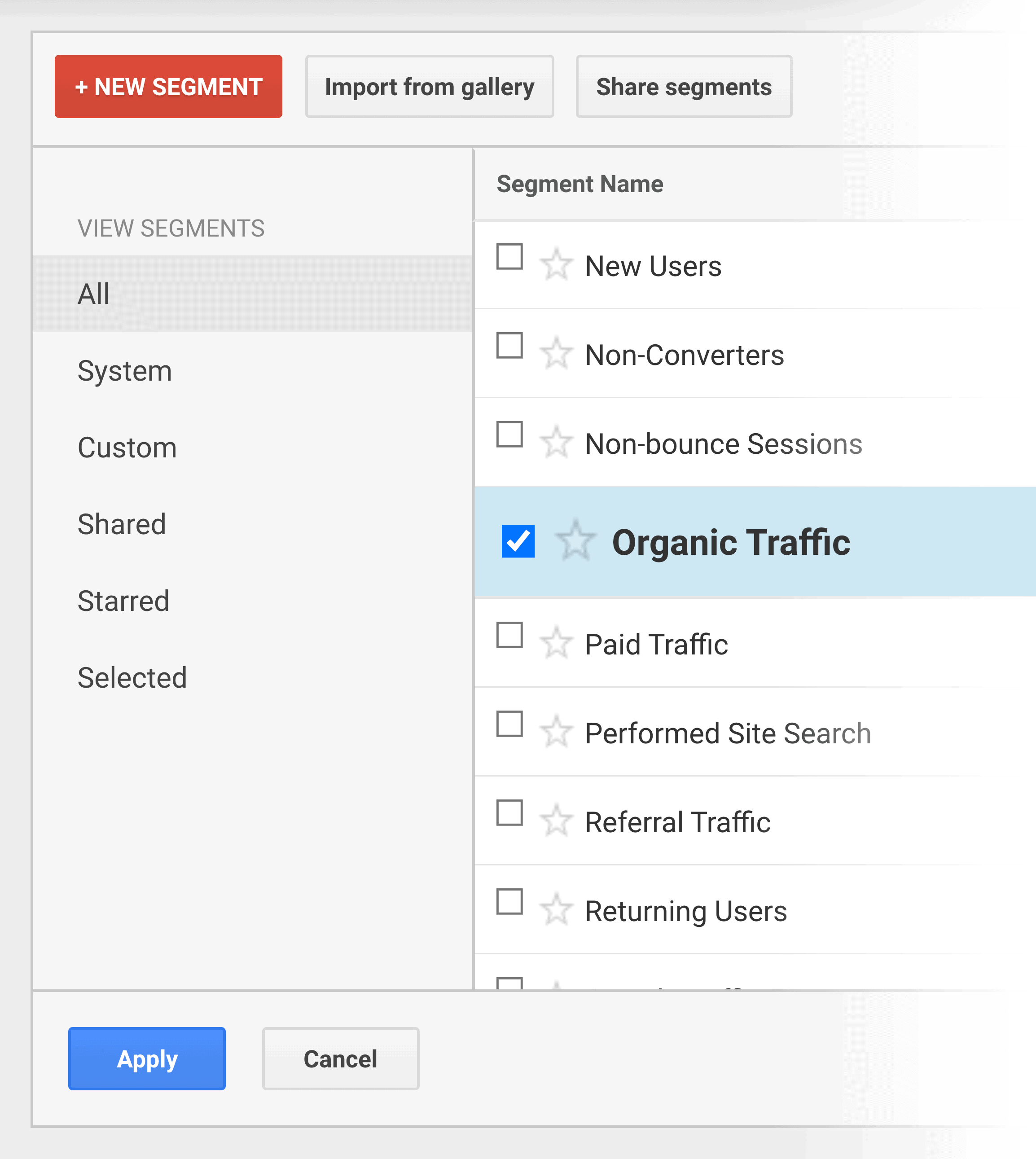 Google Analytics – New segment – Organic traffic