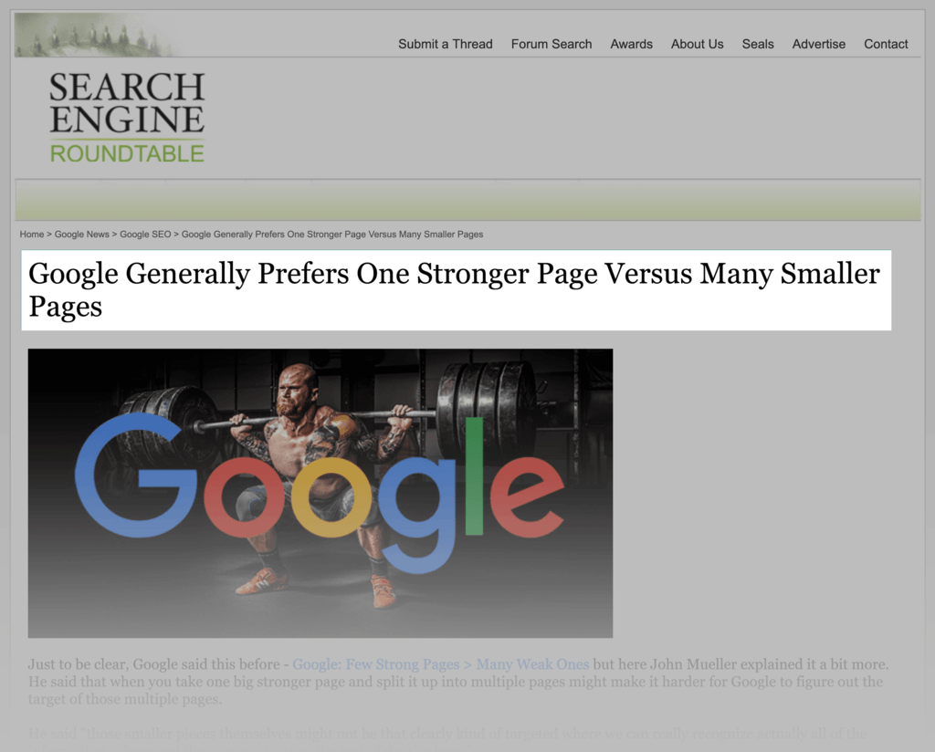 Google prefers smaller sites with a few awesome pages