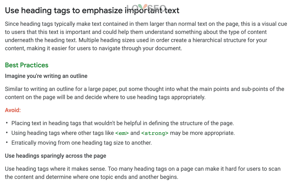Google recommends using heading tags to emphasise important text