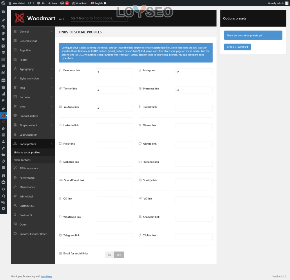 social links - WoodMart主題設置面板 WoodMart主題設置面板