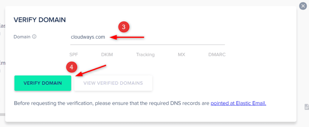 cloudways elastic email addon 6 - 在Cloudways中配置Elastic Email擴展,用以在網站中發送通知、交易、行銷類郵件 在Cloudways的Elastic Email擴展中驗證功能變數名稱