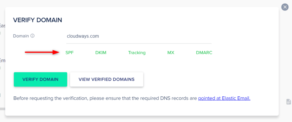elastic email addon 3 - 在Cloudways中配置Elastic Email擴展,用以在網站中發送通知、交易、行銷類郵件 在Cloudways的Elastic Email擴展中驗證功能變數名稱